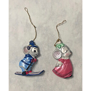 Vintage Mouse Christmas Ornaments Ceramic Alberta Mold Hand Painted, Set of 2